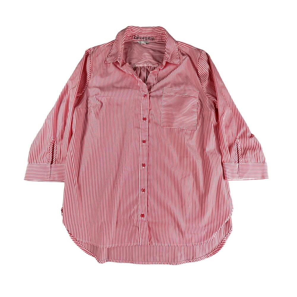 C Est. 1946 Shirt Women Medium Red White Stripe Button Up 3/4 Sleeve Long Blouse